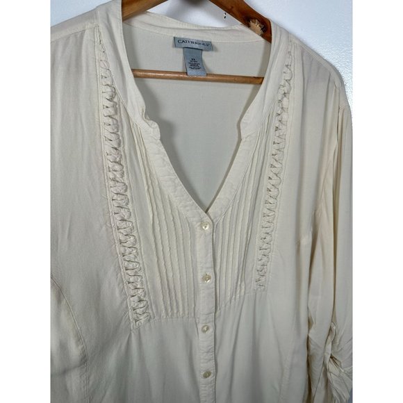 Catherines 3X Blouse Rayon Top Boho Button Down Relaxed Long Sleeve V-Neck Cream - Picture 5 of 12